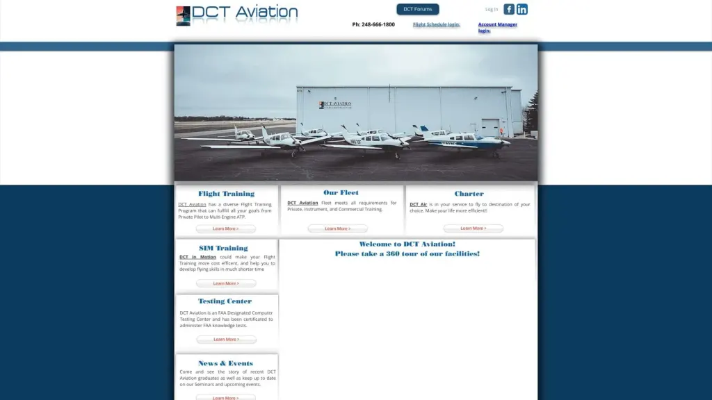 DCT Aviation website screenshot