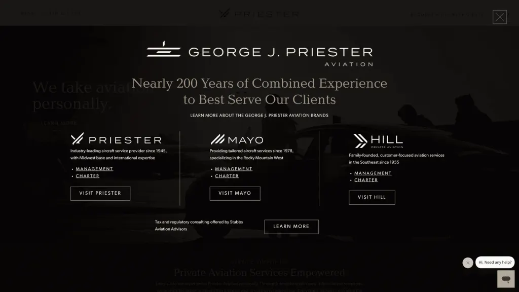 Priester Aviation website screenshot