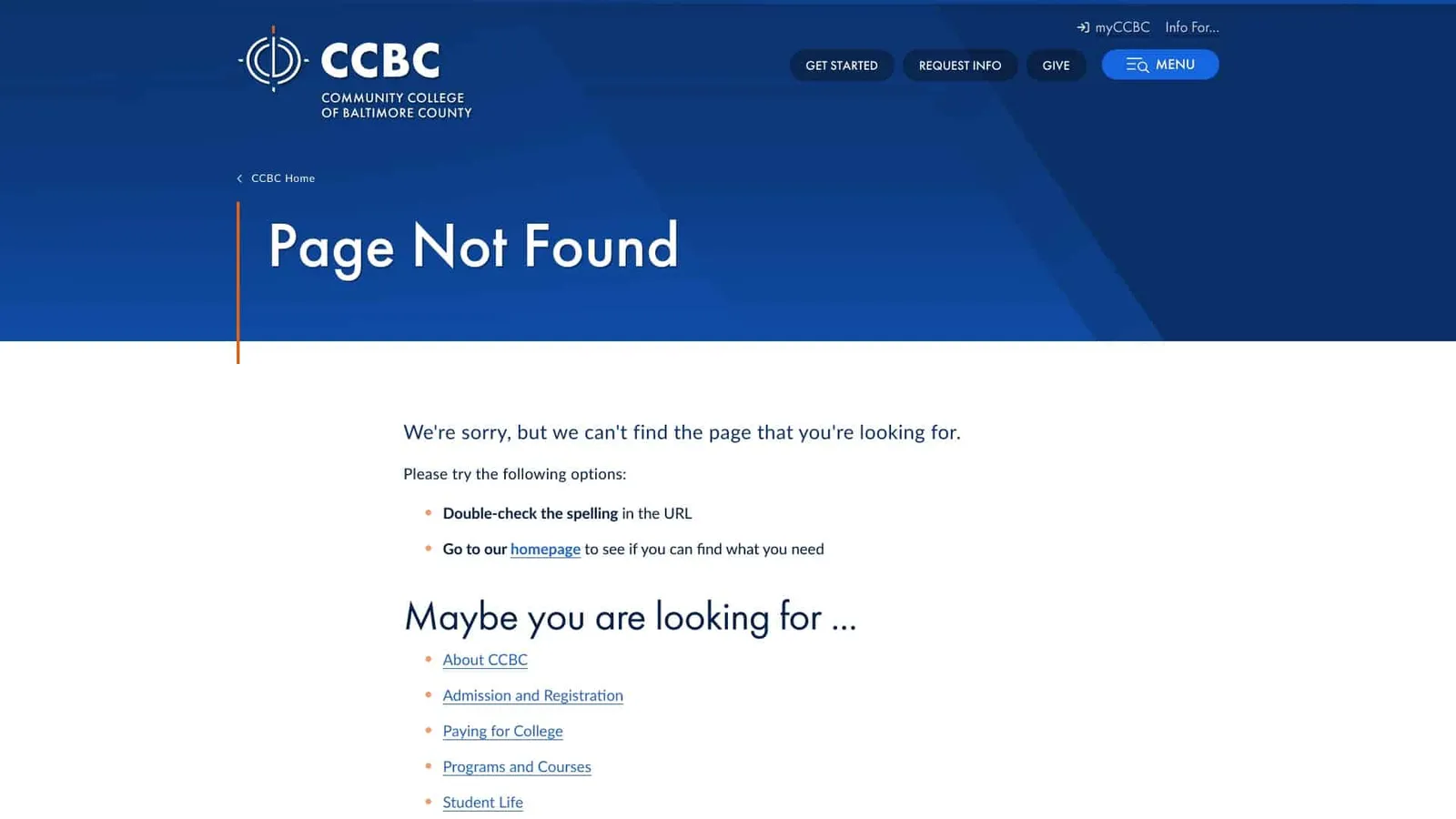 Community College of Baltimore County website screenshot