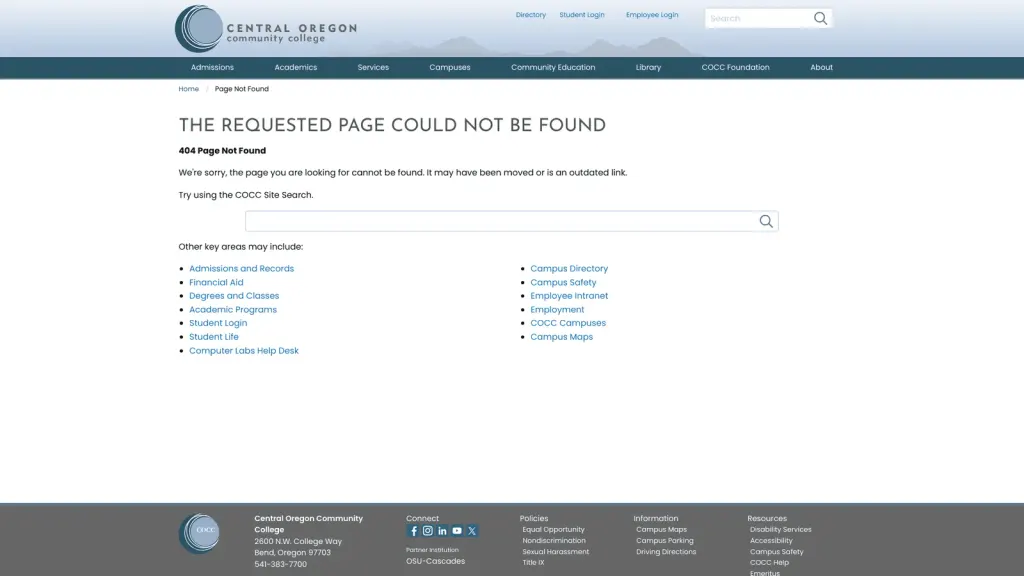 Central Oregon Community College website screenshot