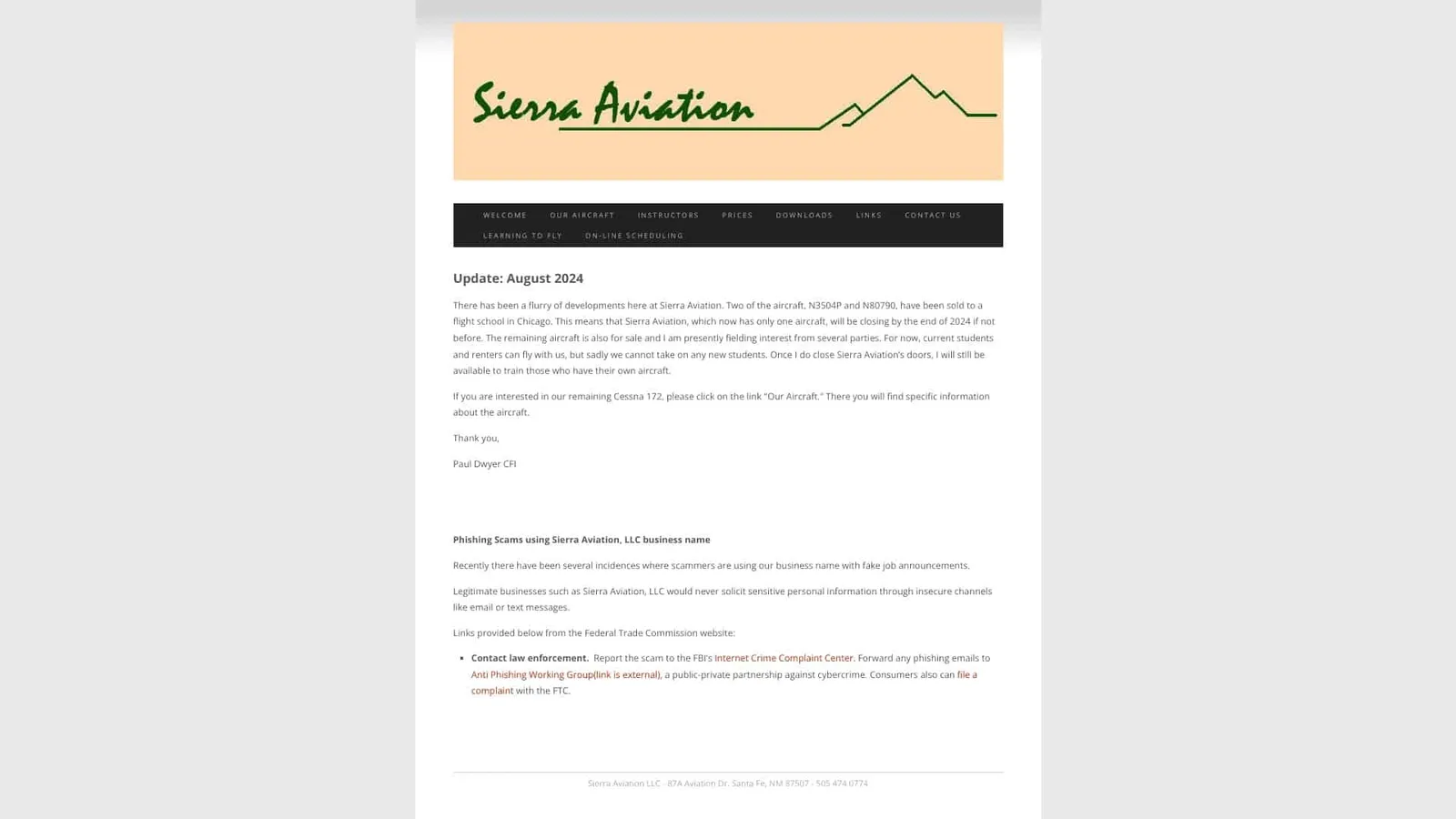 Sierra Aviation LLC website screenshot