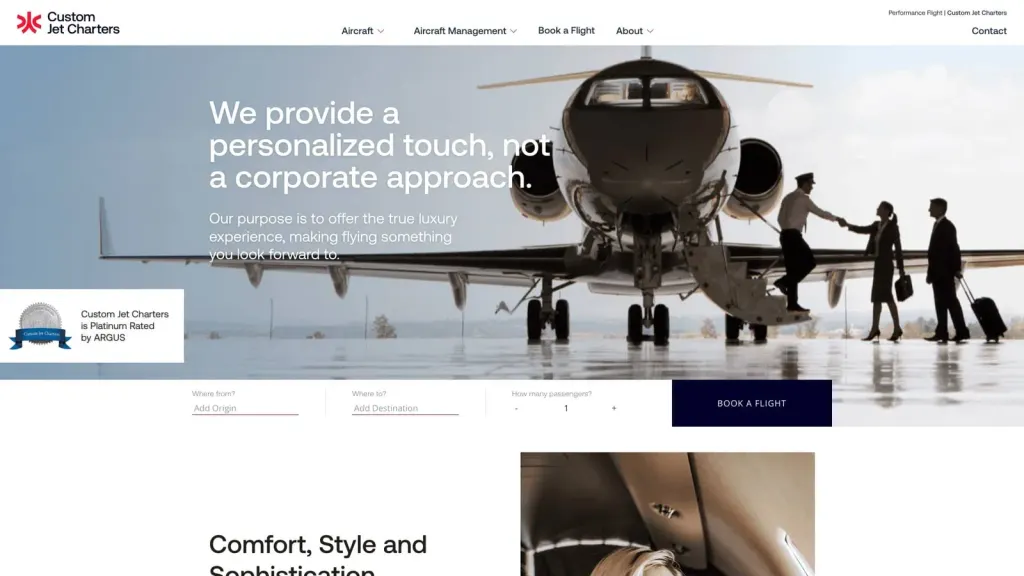 Custom Jet Charters website screenshot