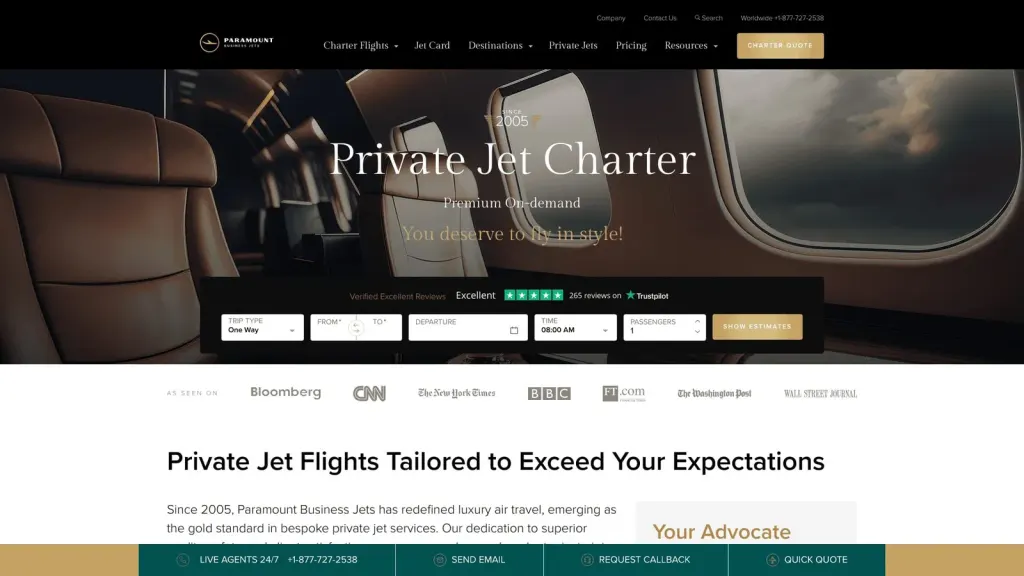 Paramount Business Jets website screenshot