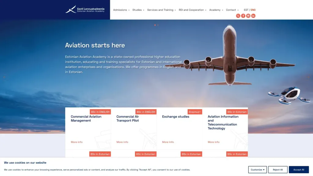 Estonia Aviation Academy website screenshot