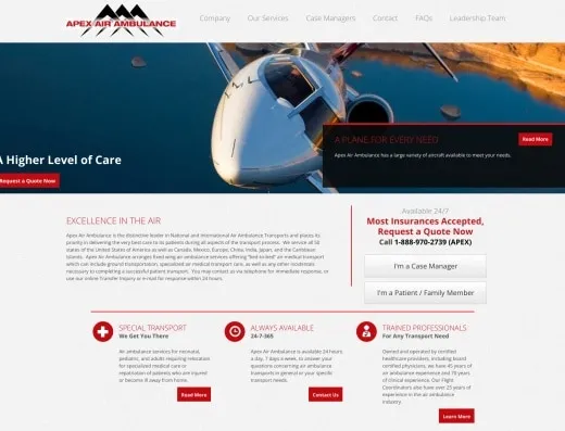 Picture of Apex Air Ambulance company website.