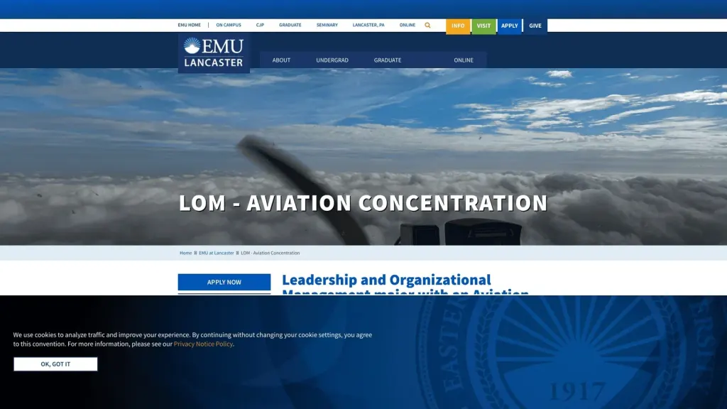 Eastern Mennonite University at Lancaster website screenshot