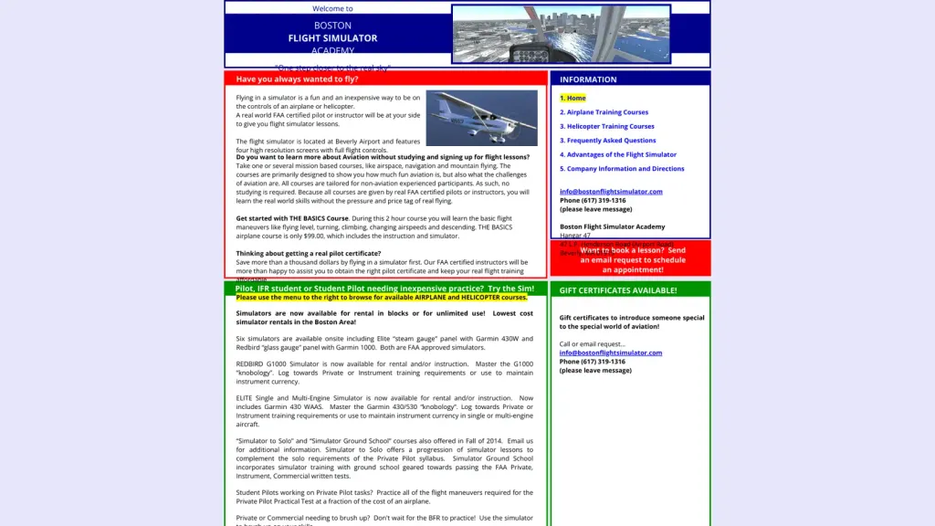 Boston Flight Simulator Academy website screenshot