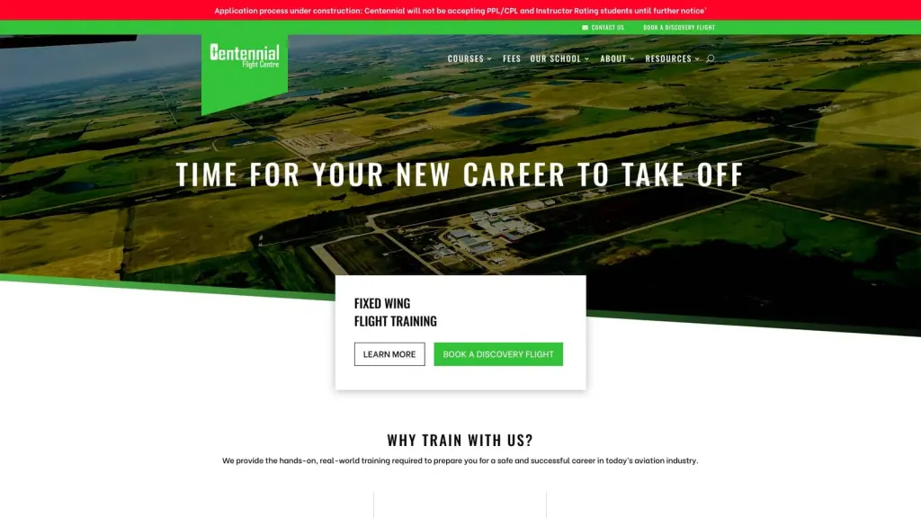 Centennial Flight Centre website screenshot