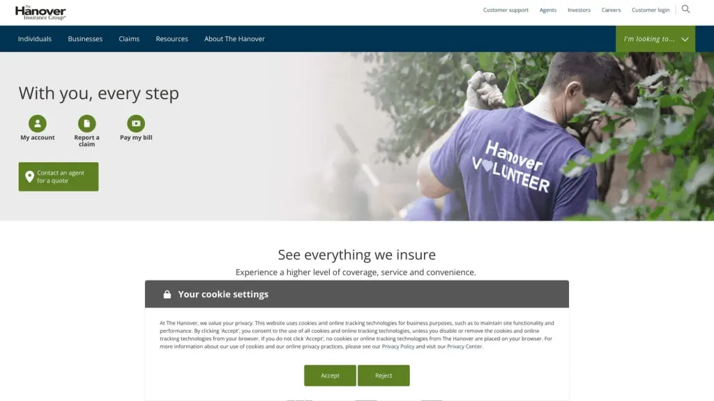 Hanover Aviation Insurance website screenshot