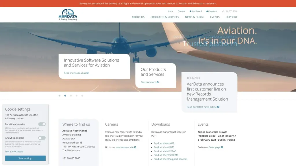 AerData (A Boeing Company) website screenshot