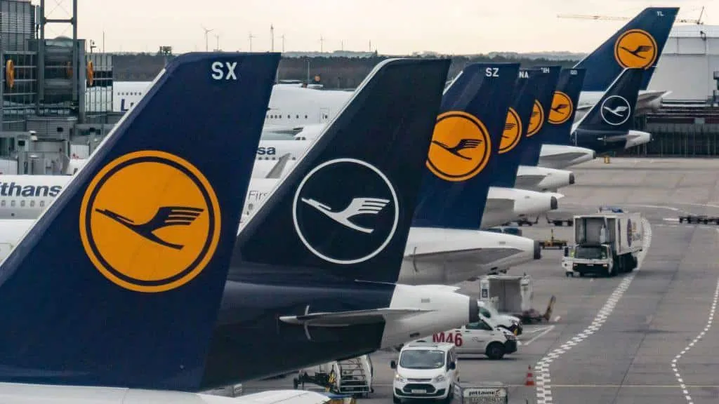 Lufthansa aircraft parked at terminal gates