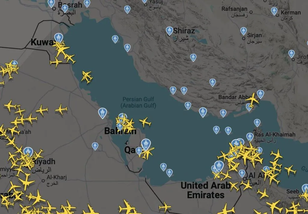 Aircraft route diversion map showing Middle East conflict zone rerouting
