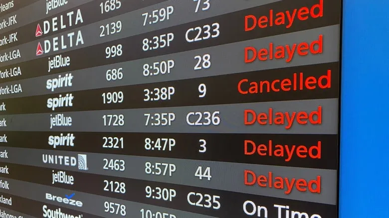 delayed international flights at airport terminal