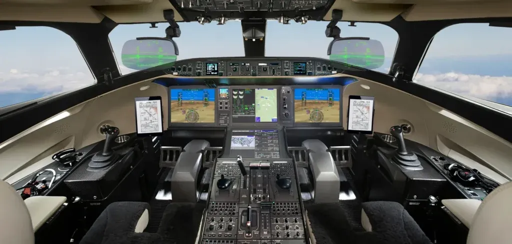 modern business jet flight deck with digital controls