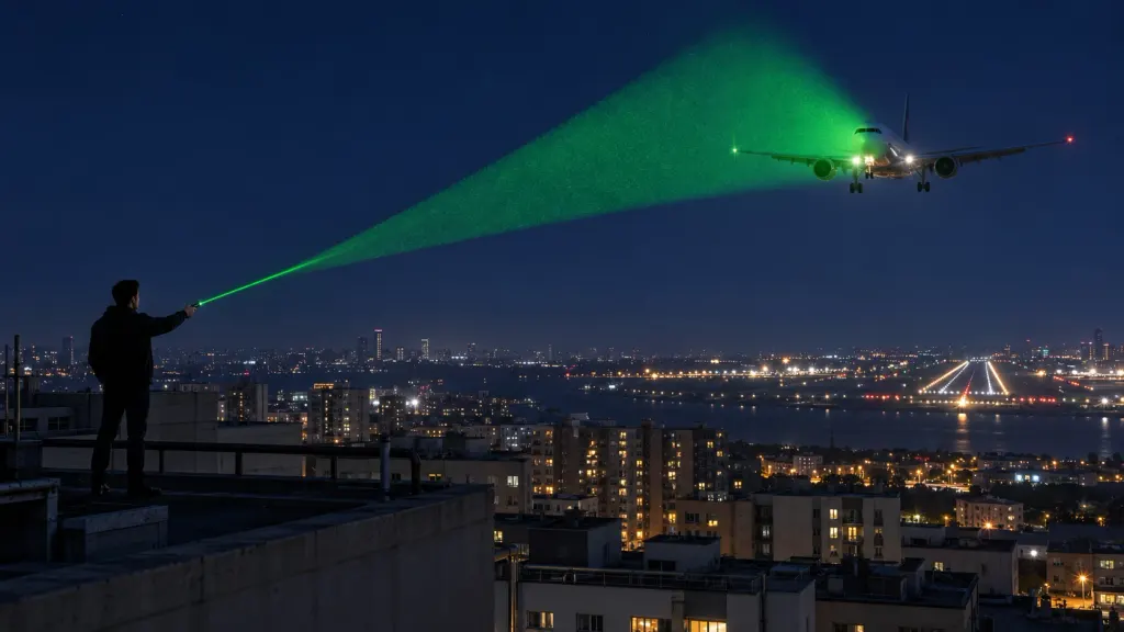 A thin beam from a rooftop spreads into a wide cone of green light by the time it reaches a landing airplane