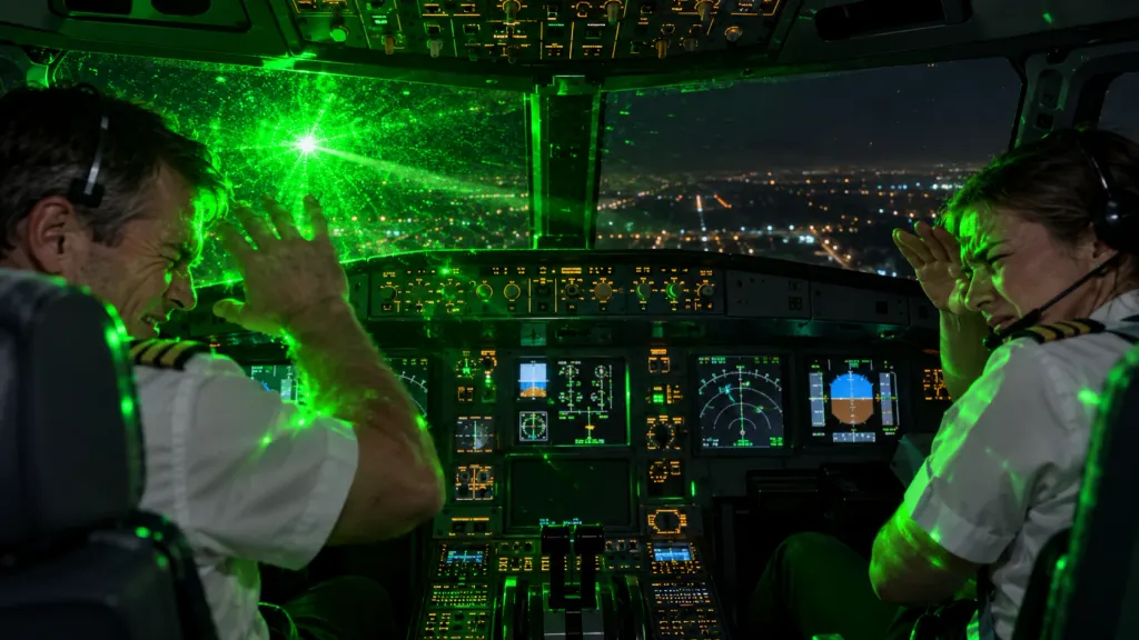 Green laser light scatters across the windshield and blinds both pilots on a night approach