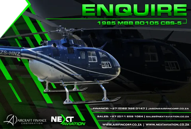 1985 MBB BO105 CBS-5 helicopter for sale, blue and white, registration ZS-HNZ