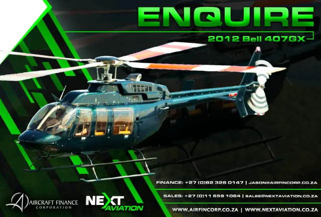 2012 Bell 407GX helicopter for sale, dark green, in flight