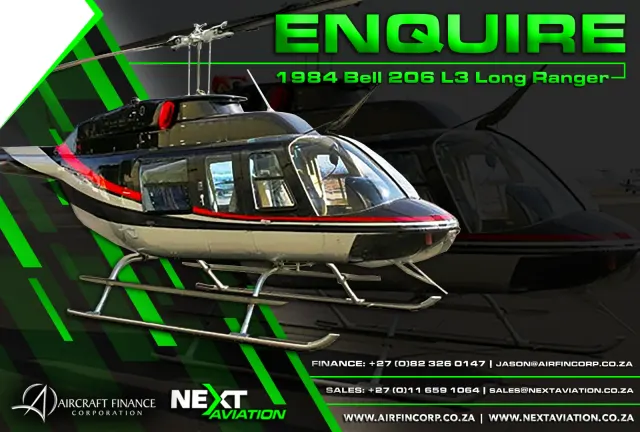 1984 Bell 206 L3 Long Ranger helicopter for sale, black with a red stripe