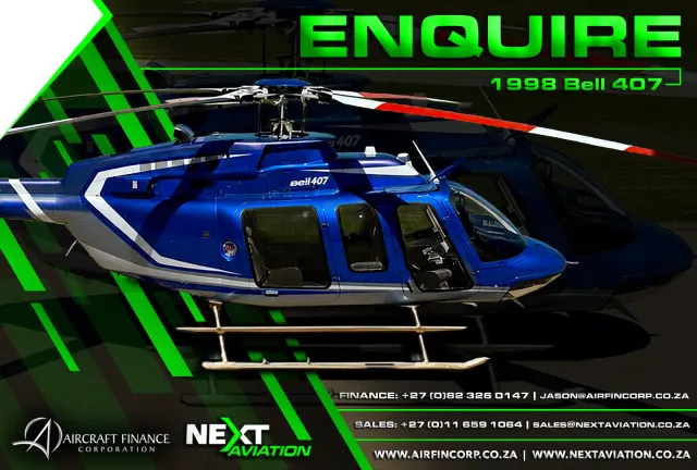 1998 Bell 407 helicopter for sale, blue and white