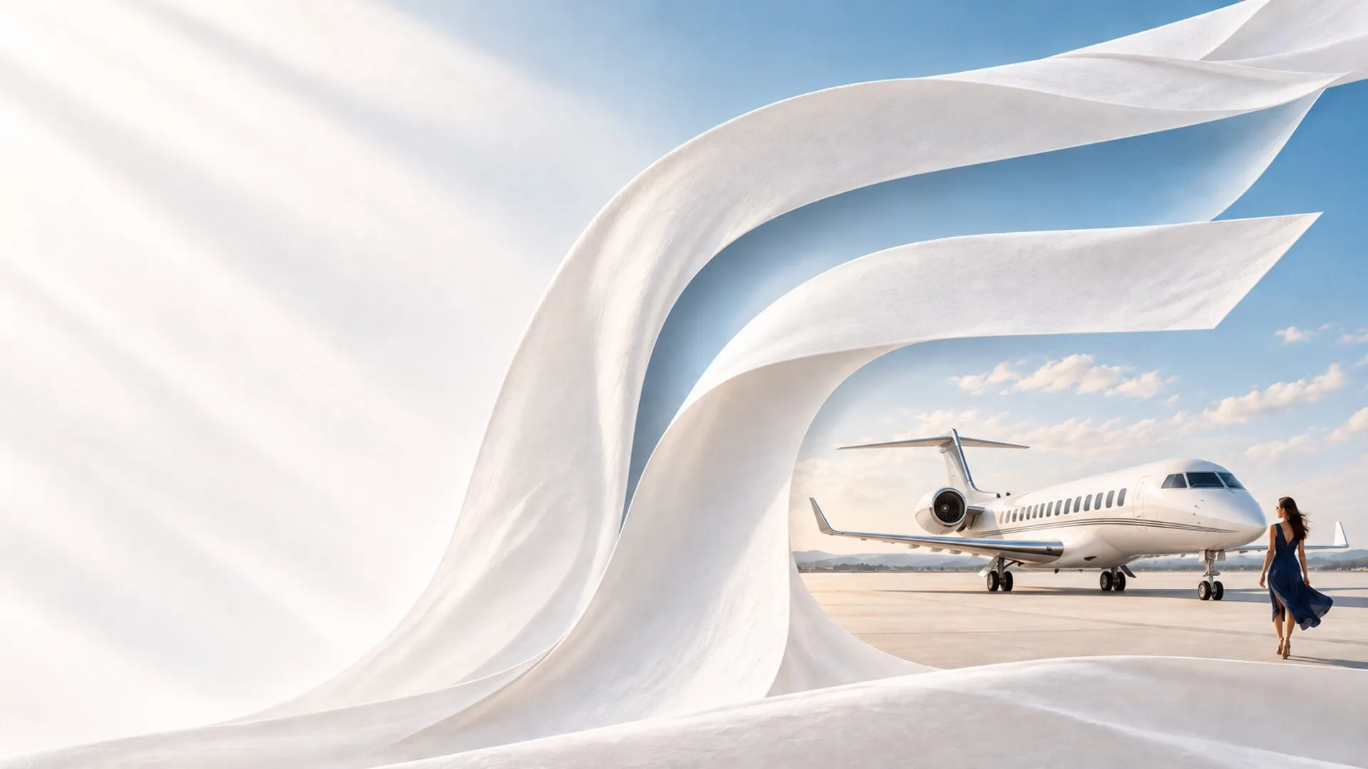 A business jet framed by a white sculpture in the shape of the Flying Engineer logo