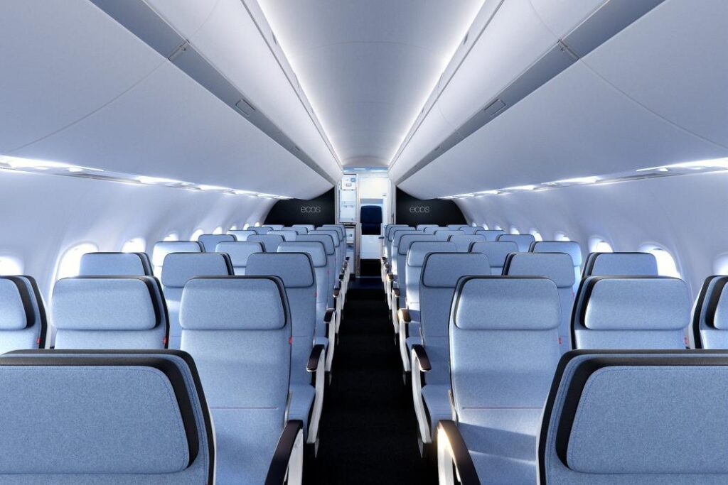 Boeing 737 MAX passenger cabin showing overhead compartments and seating