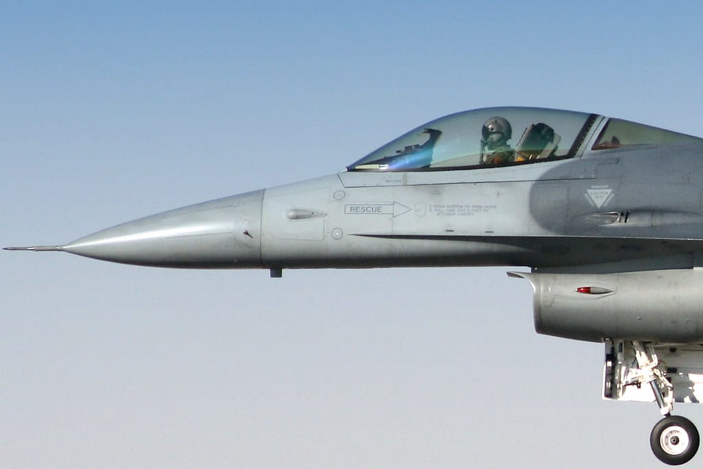pointed nose of military fighter aircraft