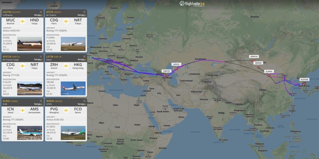 aircraft route map displaying southern detour path around Russia