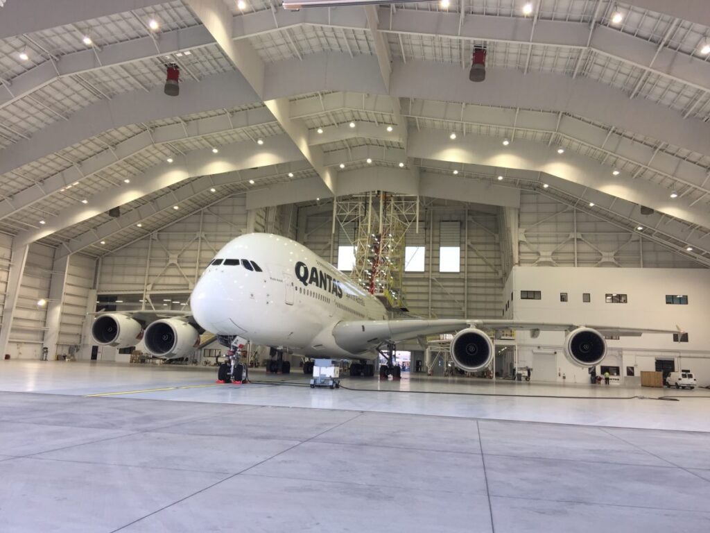 Qantas A380 tail in maintenance hangar