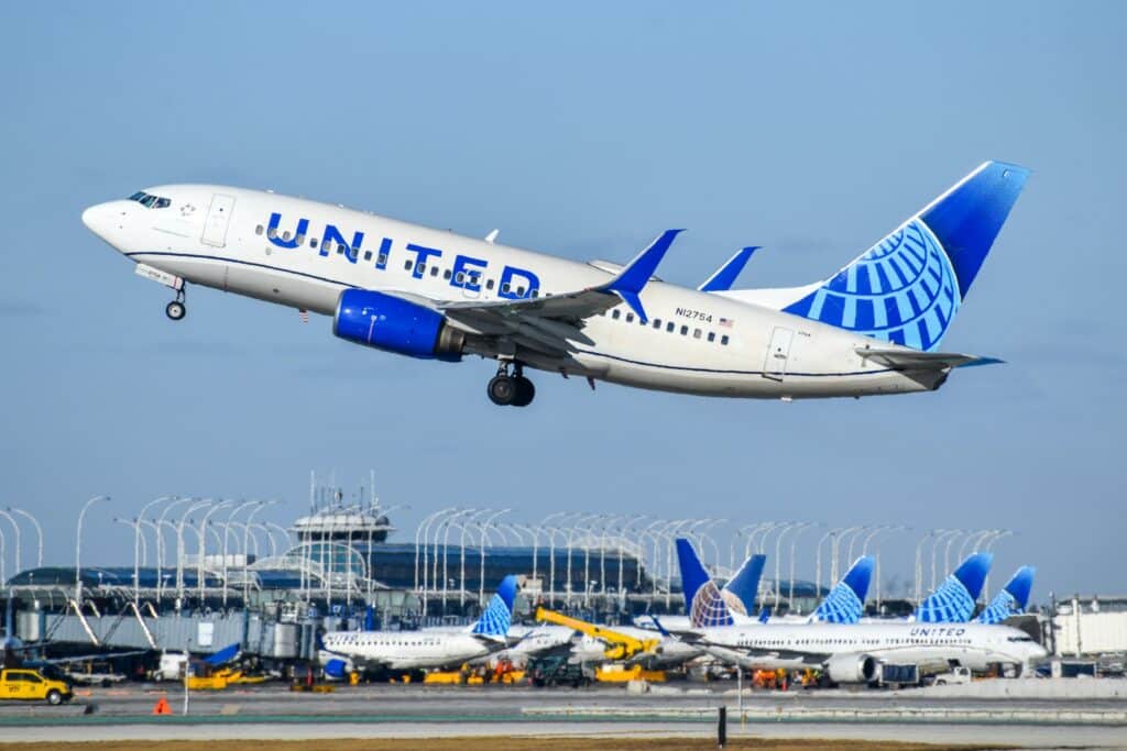 United Airlines plane at airport terminal