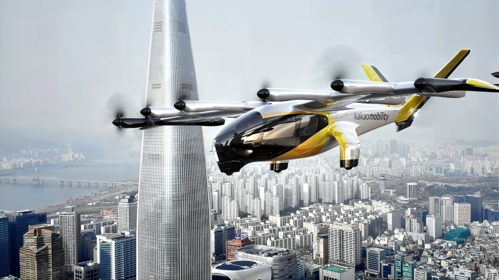 electric vertical takeoff aircraft over urban environment